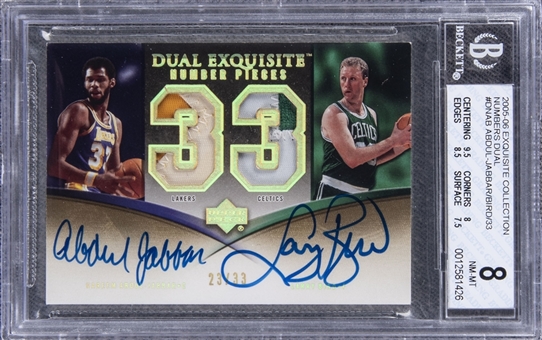 2005-06 UD "Exquisite Collection" Numbers Dual #DNAB Kareem Abdul-Jabbar/Larry Bird Dual Signed Game Used Patch Card (#23/33) - BGS NM-MT 8/BGS 10